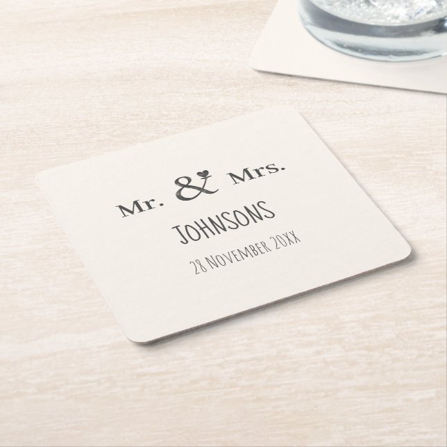 Personalise wedding name ampersand typography square paper coaster (Angled)