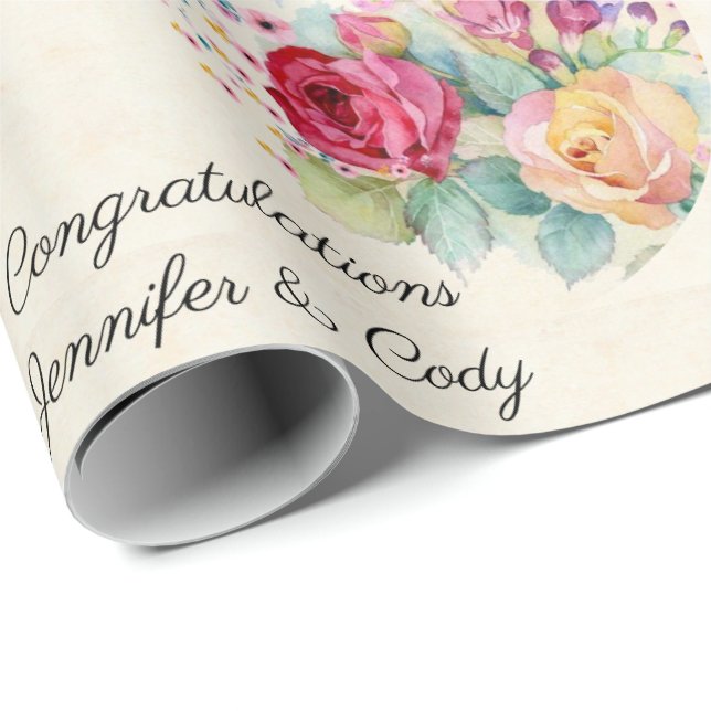 Personalise Wedding Names Pink & Yellow Roses  Wrapping Paper (Roll Corner)