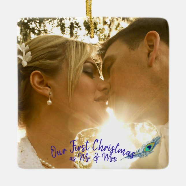 Personalise Wedding Photo Peacock Feather Ceramic  Ornament (Front)