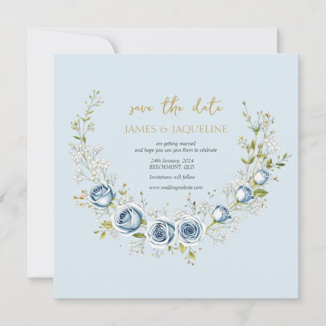 Personalise Wedding Save the Date Rose wreath (Front)