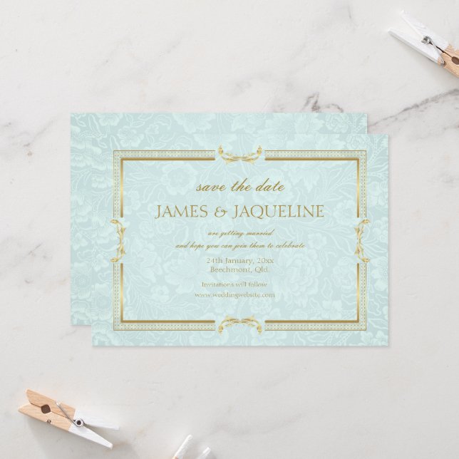 Personalise Wedding Save the Date Watercolour blue (Front/Back In Situ)