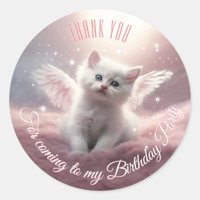 Personalise Whimsical Cute Pink Kitten Angel Wings Classic Round Sticker (Front)