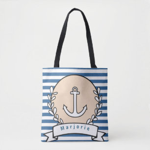 Personalise White Blue Horizontal Stripe Anchor Tote Bag