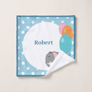 Personalise White Blue Polka Dot Elephant Balloon Wash Cloth