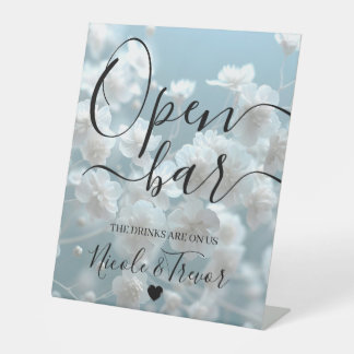 Personalise: White Flowers Blue Wedding Open Bar Pedestal Sign