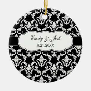 Personalise White on Black Damask Ornament