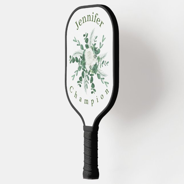 Personalise White Rose and Green Eucalyptus Leaves Pickleball Paddle (Left)