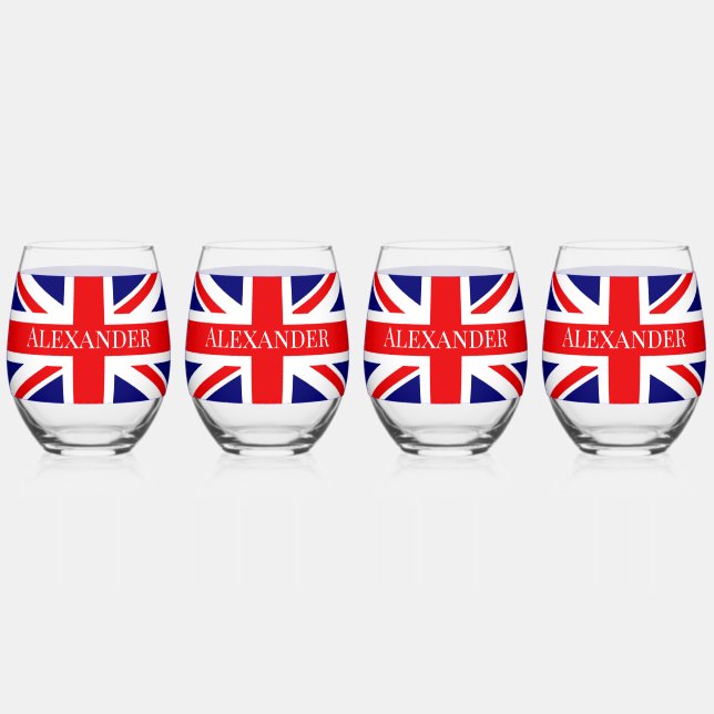 Personalise with a Name British National Flag Stemless Wine Glass (Front)