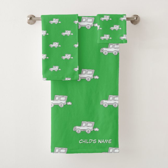 Personalise With Child's Name Funny Car Green    Bath Towel Set (Insitu)