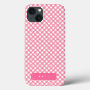 Personalise with Name Baby Pink Gingham iPhone 13 Case