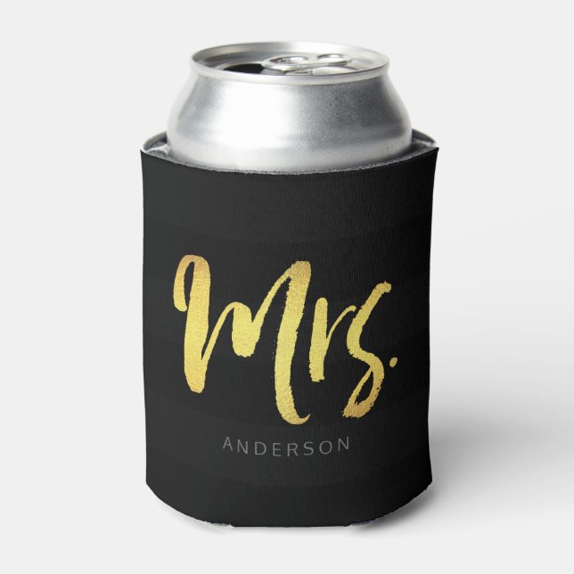 Personalise with Name Faux Gold Mrs Black Stripes Can Cooler (Can Front)