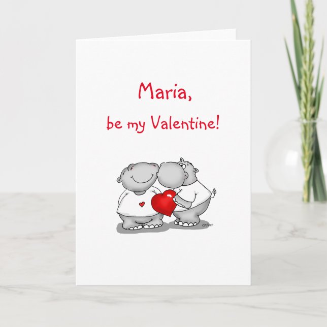 Personalise with name - Hippo Kiss Valentine's Day Holiday Card (Front)