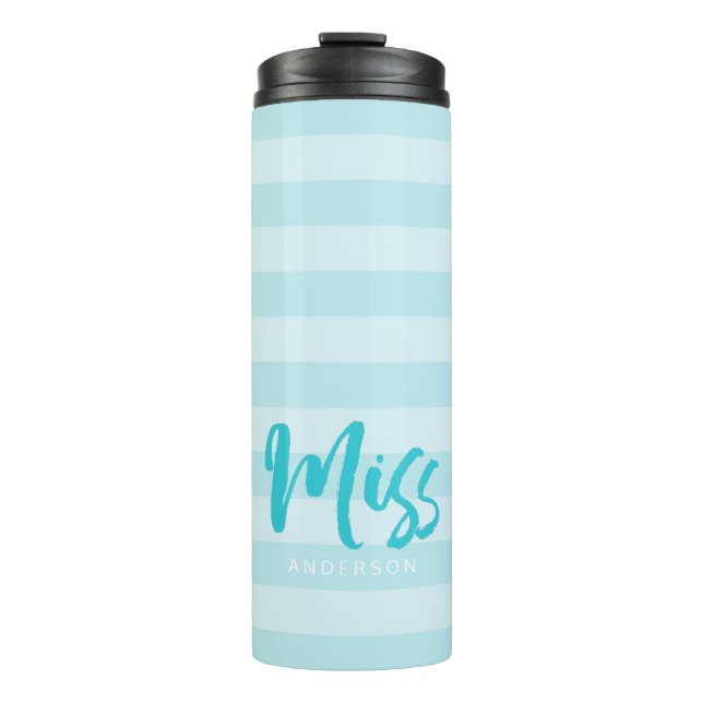 Personalise with Name Miss Preppy Blue Stripes Thermal Tumbler (Front)