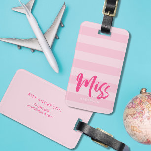 Personalise with Name Miss Preppy Pink Stripes Luggage Tag
