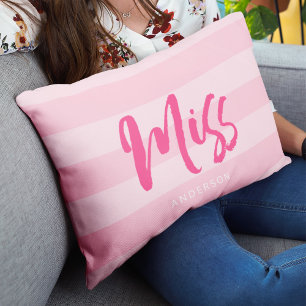 Personalise with Name Miss Preppy Pink Stripes Lumbar Cushion