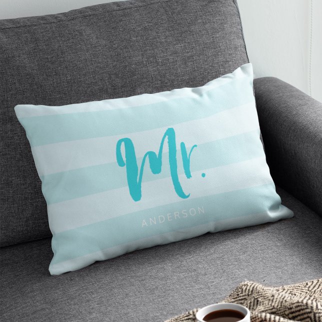 Personalise with Name Mr Preppy Blue Stripes Lumbar Cushion (Creator Uploaded)