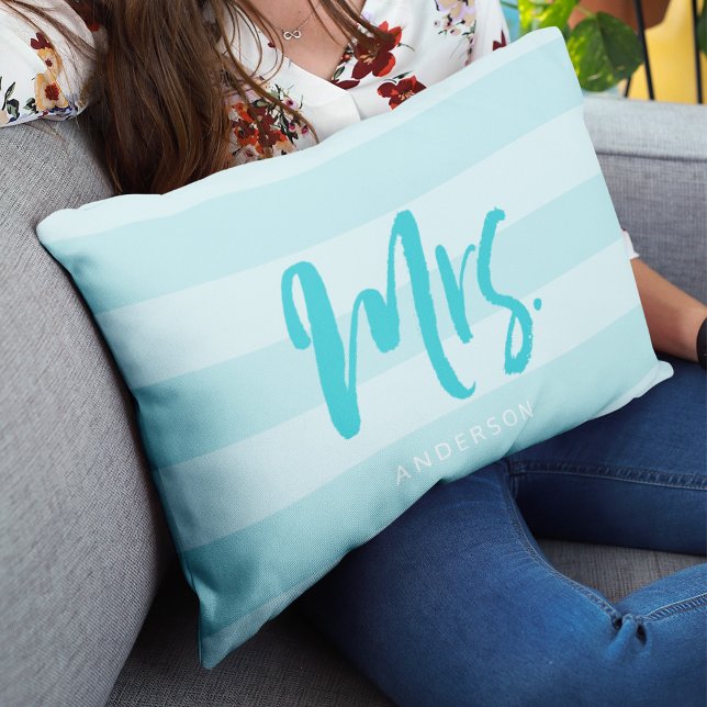 Personalise with Name Mrs Preppy Blue Stripes Lumbar Cushion (Creator Uploaded)