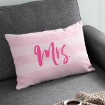 Personalise with Name Mrs Preppy Pink Stripes Lumbar Cushion<br><div class="desc">Pillow featuring "Mrs" in pink brush script against a preppy pink stripes pattern background. Great for newly weds or anniversaries. Personalise it by replacing the placeholder text. For more options such as to change the font and it's size click the "Customise it" button. *Please note that the Zazzle Watermark that...</div>