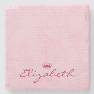 Personalise with Purple Tiara on Pink Polka Dots Stone Coaster