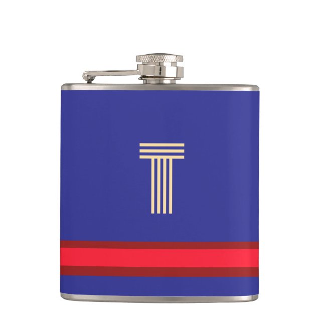 Personalise With Your Initial Blue + Red Stripe  Hip Flask (Front)