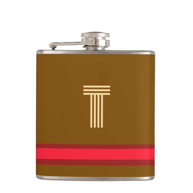 Personalise With Your Initial Brown + Red Stripe  Hip Flask (Front)