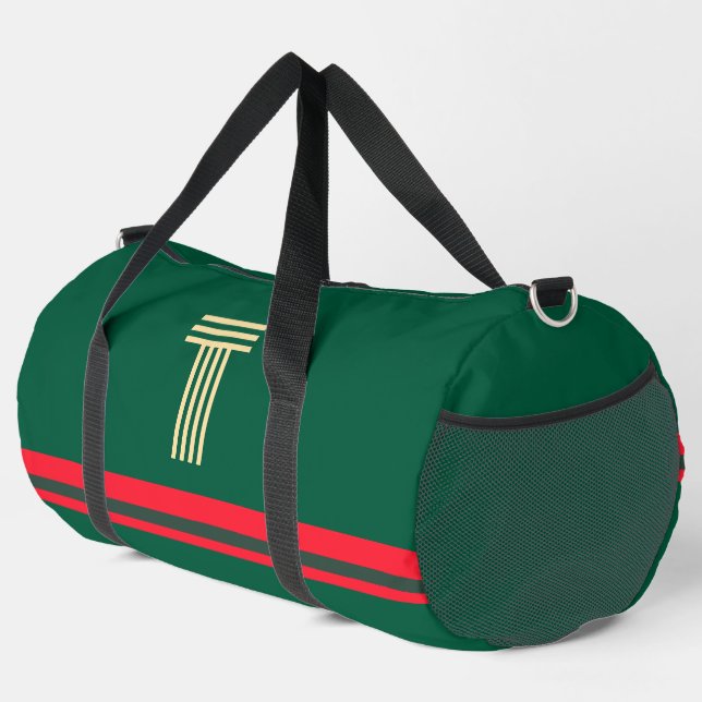 Personalise With Your Initial Green + Red Stripe  Duffle Bag (Right Corner)