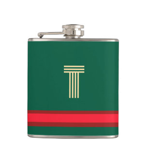 Personalise With Your Initial Green + Red Stripe  Hip Flask