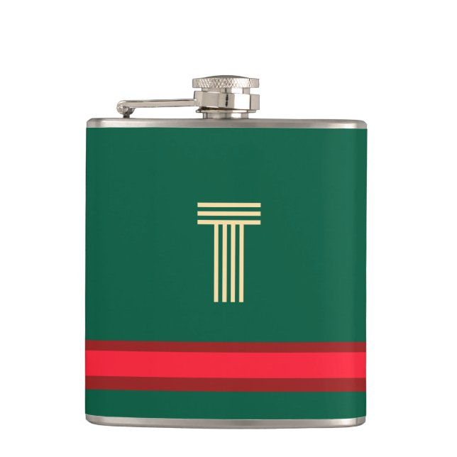 Personalise With Your Initial Green + Red Stripe  Hip Flask (Front)