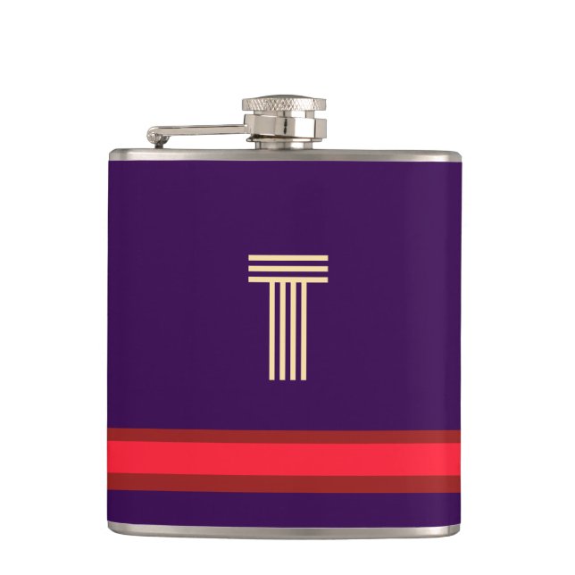 Personalise With Your Initial Purple + Red Stripe  Hip Flask (Front)
