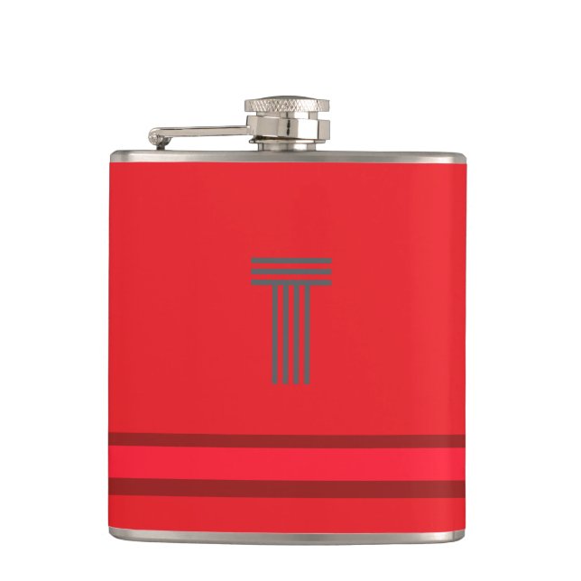 Personalise With Your Initial Red + Red Stripe  Hip Flask (Front)