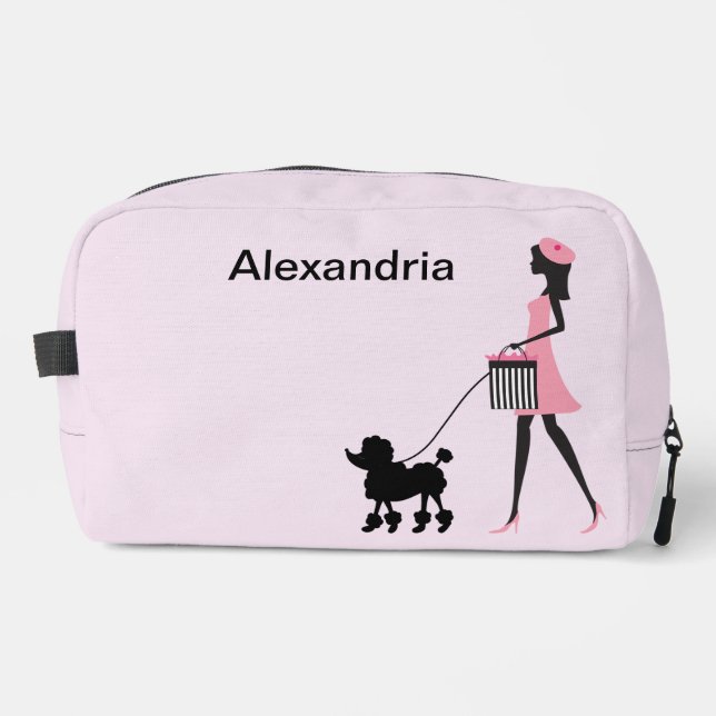 Personalise Woman in pink walking black poodle  Dopp Kit (Front)