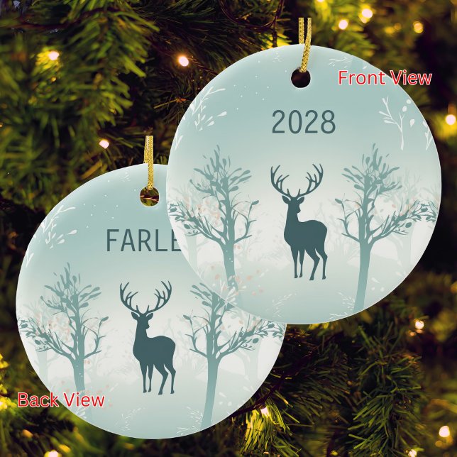 Personalise Year & Name - Deer and Tree Pattern Ceramic Ornament (Creator Uploaded)