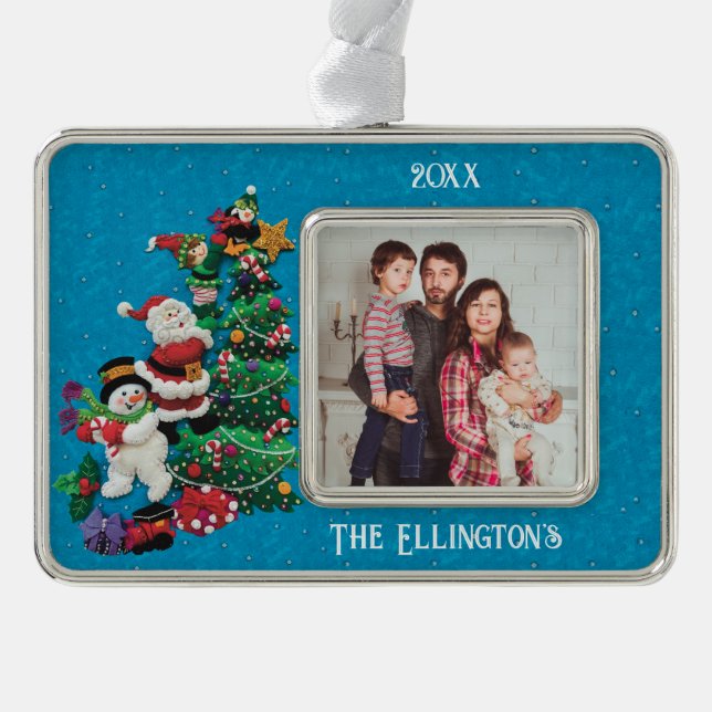 Personalise Year, Name, Photo Cute Holiday Silver Plated Framed Ornament (Front)