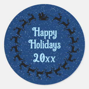 Personalise YEAR Santa's Sleigh Holiday Blue Classic Round Sticker
