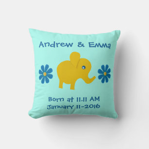 Personalise Yellow elephant, blue flowers Cushion