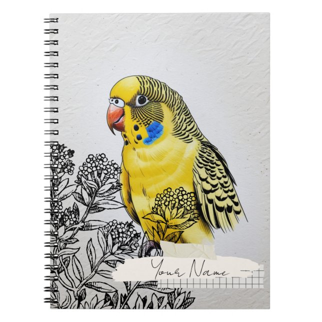 PERSONALISE Yellow Parakeet Bird Collage Notebook (Front)