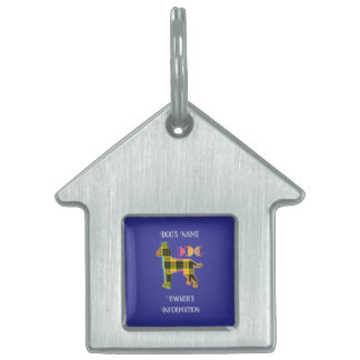 Personalise Yellow Plaid Deep Blue DOG House Pet ID Tag
