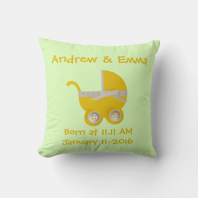 Personalise, yellow stroller and white bow cushion (Front)