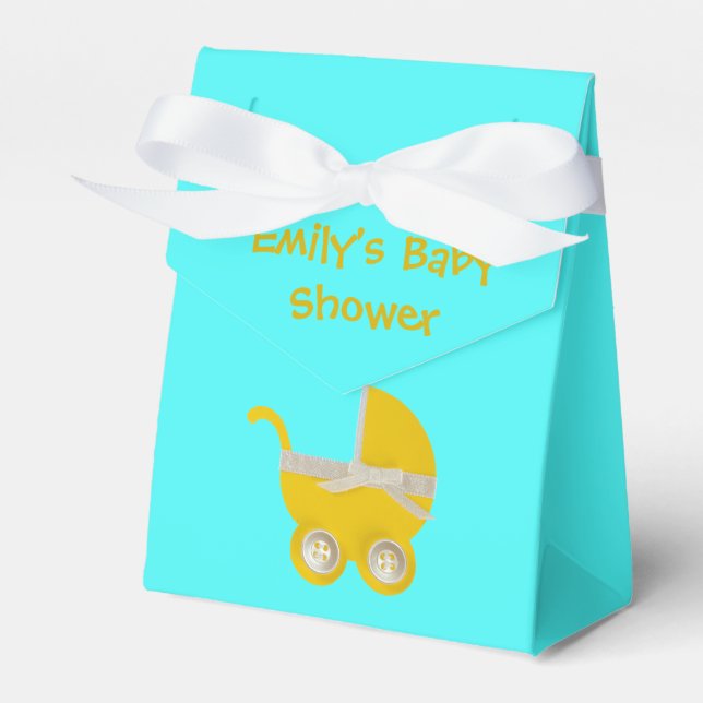 Personalise, yellow stroller and white bow favour box (Front Side)