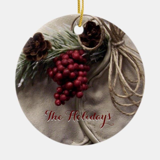 Personalise your Berries and Pinecones Ceramic Ornament (Front)