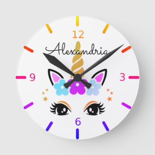 Personalise Your Own Colourful Floral Unicorn Round Clock