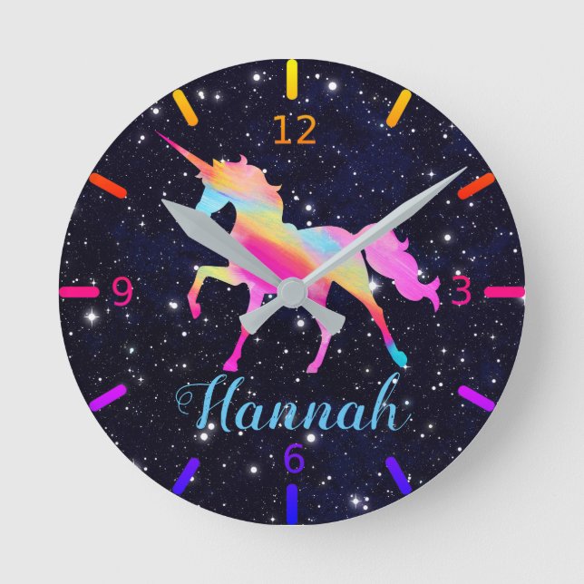 Personalise Your Own Colourful Unicorn Galaxy Round Clock (Front)