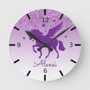 Personalise Your Own Magical Purple Unicorn Round Clock