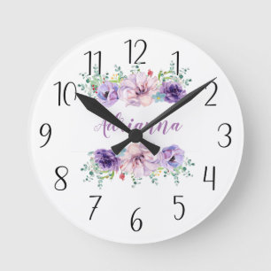 Personalise Your Own Purple Floral Round Clock