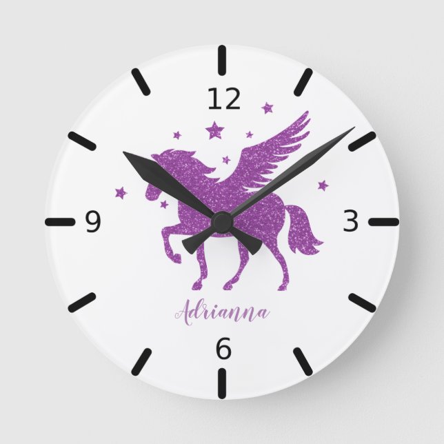 Personalise Your Own Purple Unicorn Round Clock (Front)