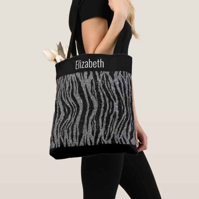 Personalise Zebra Print Black Silver Bridesmaids Tote Bag (Close Up)