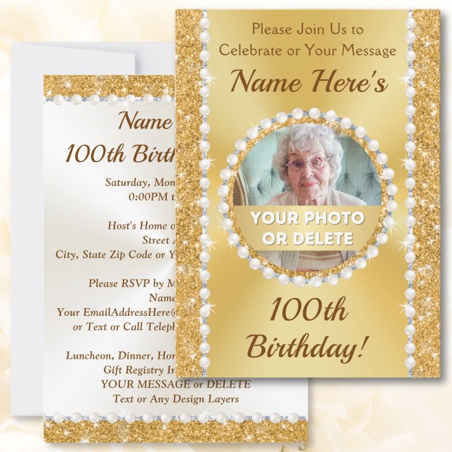 Personalised, 100th Birthday Party Invitations (Personalized and Photo, 100th birthday party invitations. 100th birthday ideas for female. Woman.)