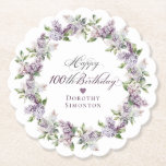 Personalised 100th Birthday Purple Lilac Flower Paper Coaster<br><div class="desc">Add a special touch to your party decor with these personalised paper coasters. It takes only minutes to add a name. The soft watercolor lilac wreath is perfect for a spring birthday or a woman who just loves lilacs. The calligraphy is elegant and sophisticated and matches the birthday invitation. This...</div>