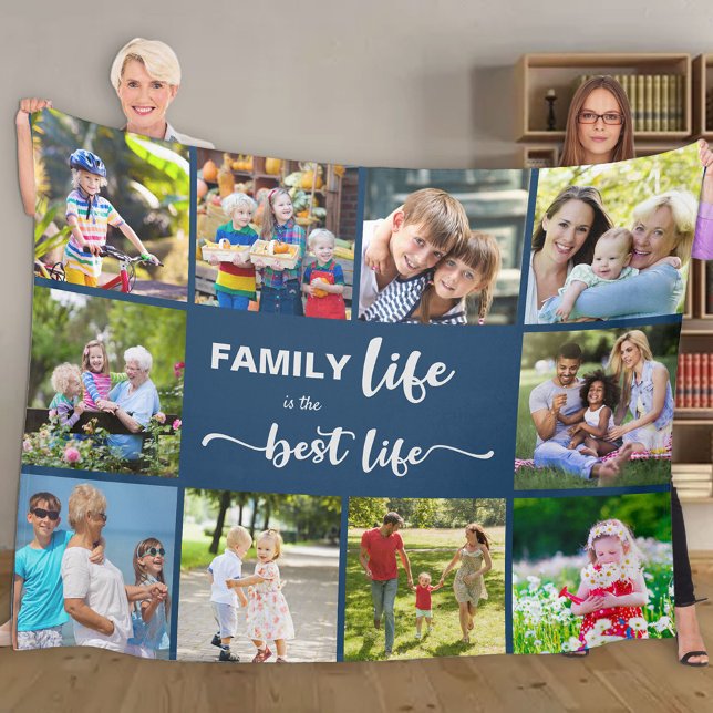 Personalised 10 Photo Collage Family Life Blue Fleece Blanket (Creator Uploaded)