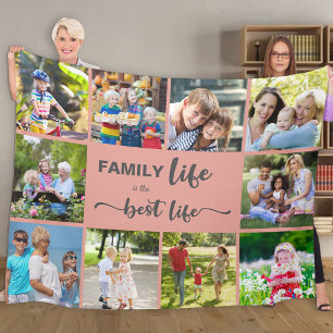 Personalised 10 Photo Collage Family Life Pink Fleece Blanket